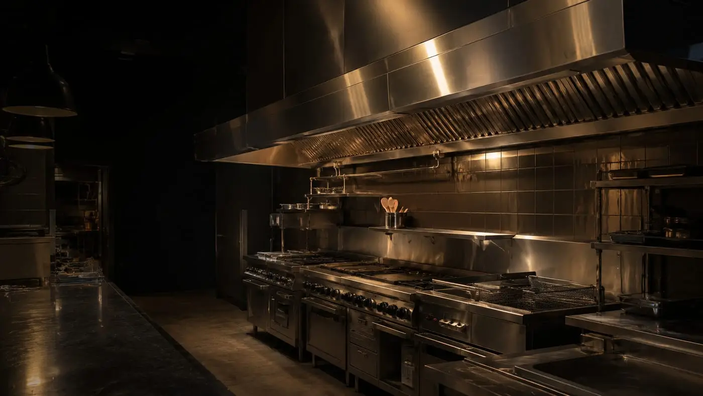 Stainless steel exhaust hood running above the ranges and fryers of an empty commercial kitchen