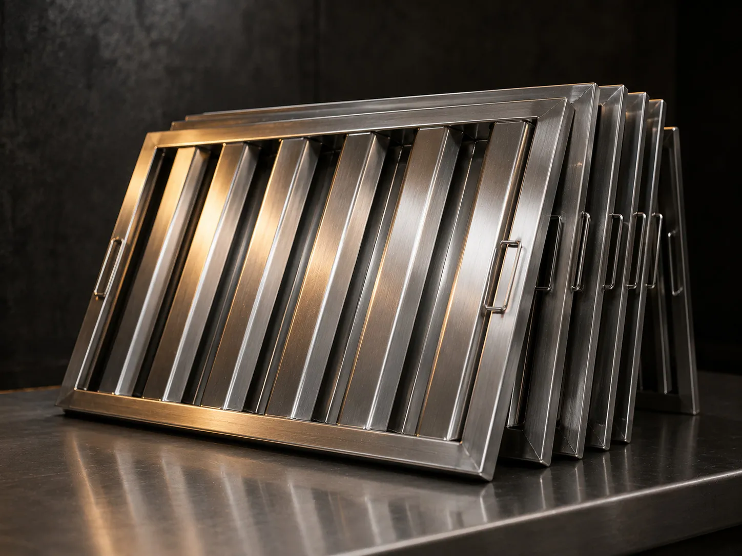 Stainless steel baffle grease filters with handles, leaning against each other on a steel surface