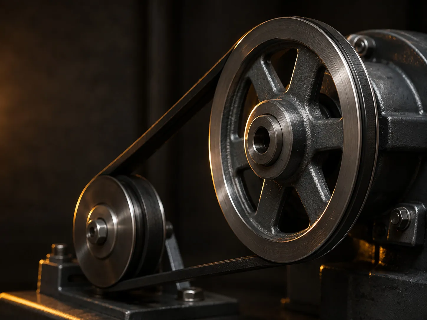 Black V-belt running between two cast metal pulleys of different diameters on a machine base