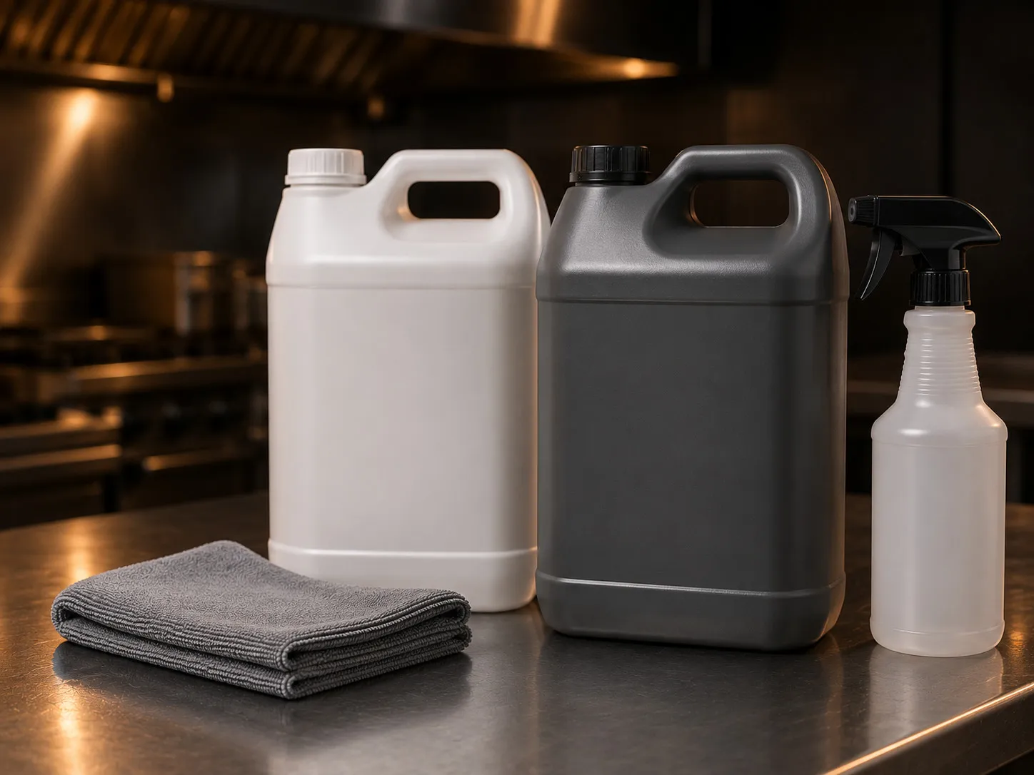 Two unlabelled plastic degreaser jugs, a folded microfibre cloth and a spray bottle on a stainless steel counter