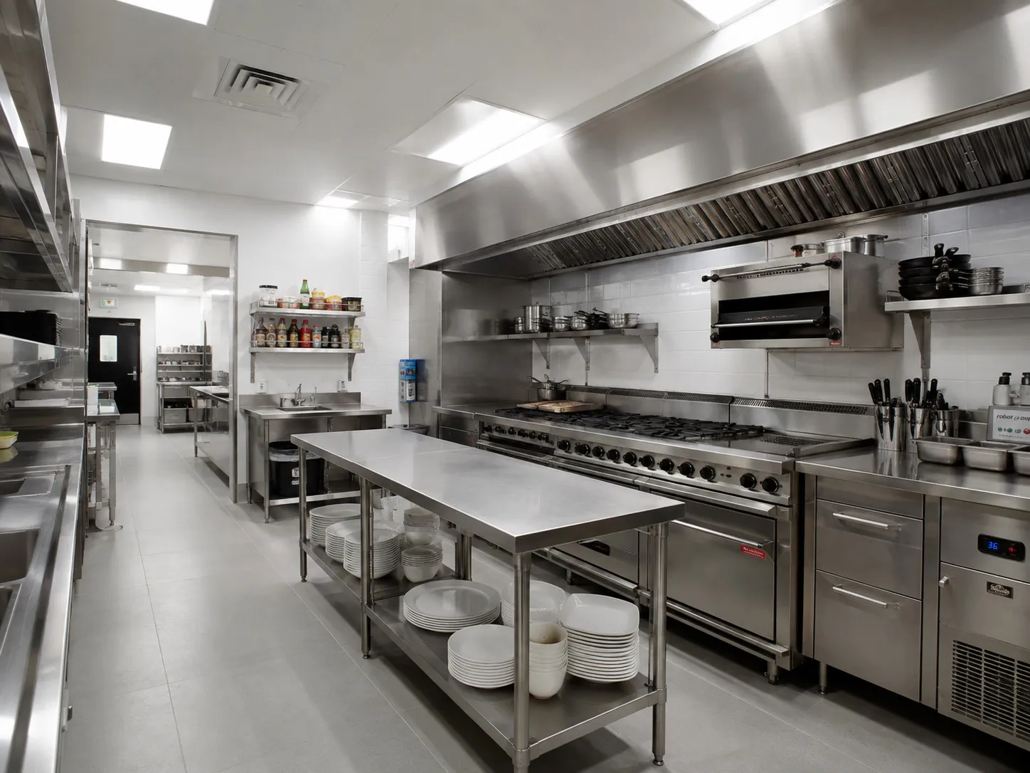 Commercial kitchen with the exhaust hood running the length of the cooking line