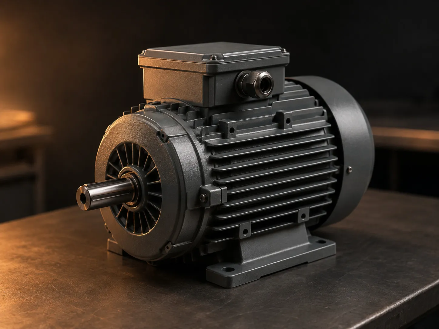 Dark grey industrial electric motor with cooling fins, drive shaft and bolted mounting foot, on a workbench