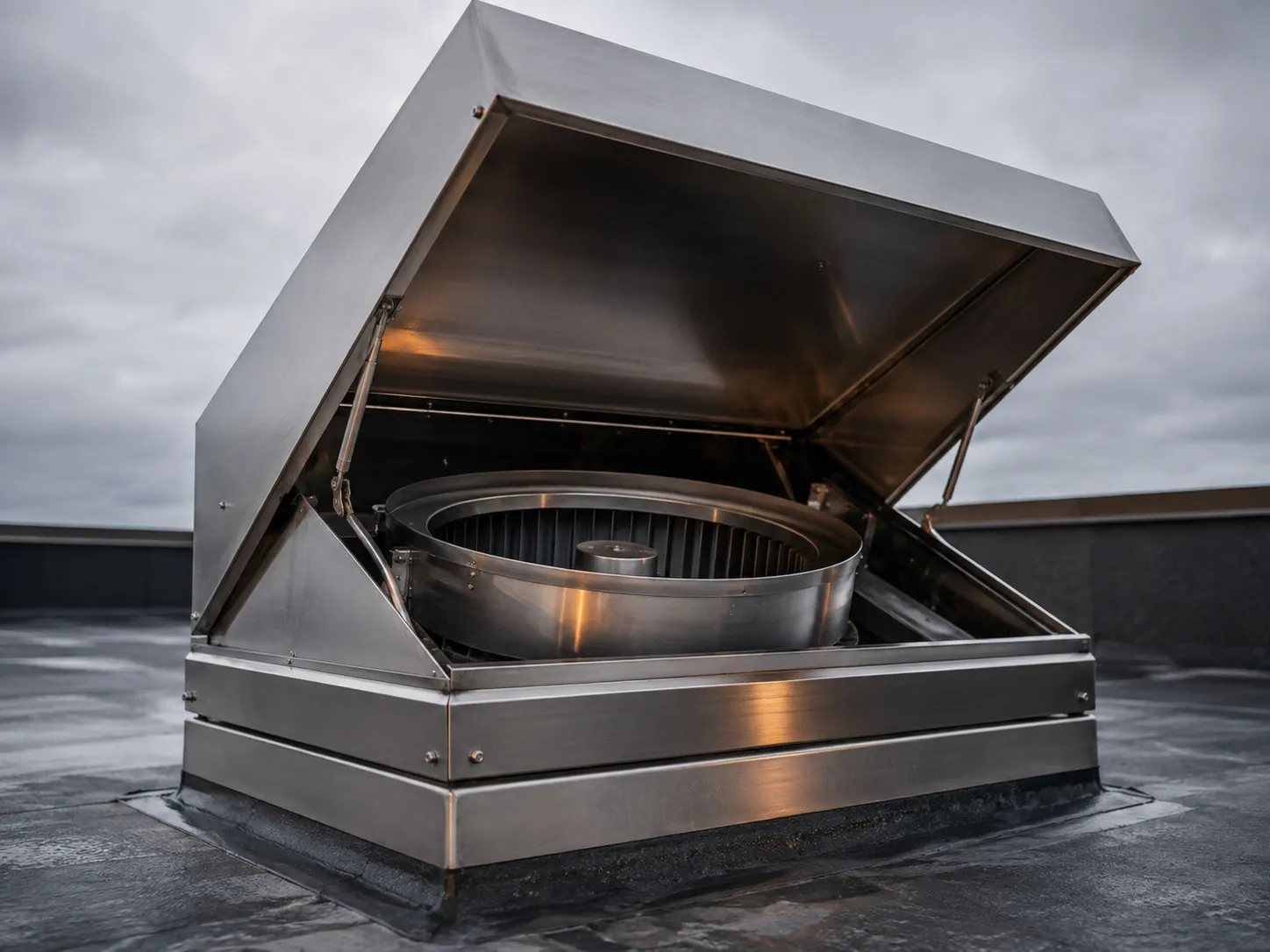 Stainless steel rooftop exhaust fan with its hinged lid raised, showing the blower wheel inside